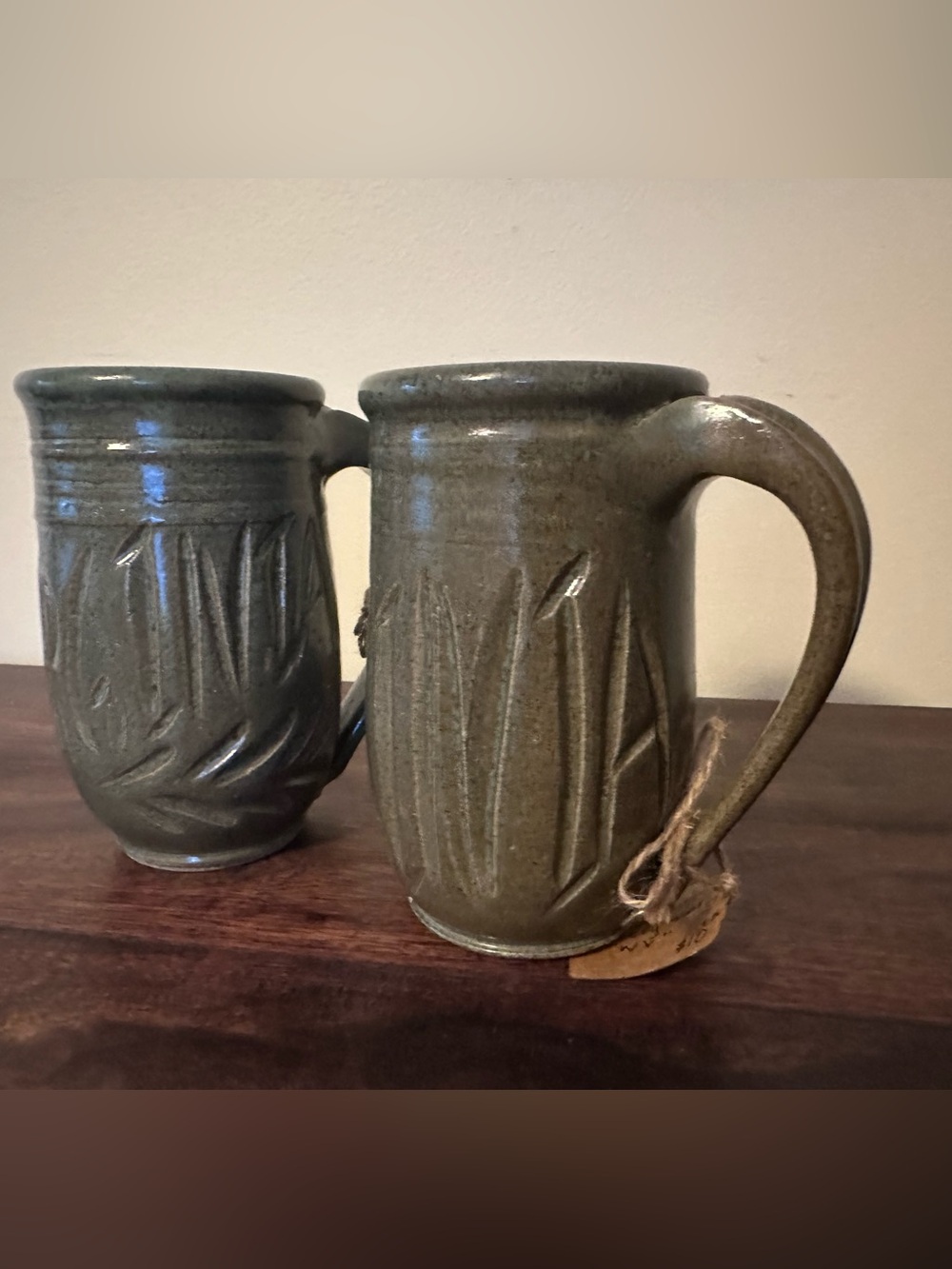 Handcrafted Green Pottery Coffee Mug - Artist Signed - Set of 2 “West Virginia”